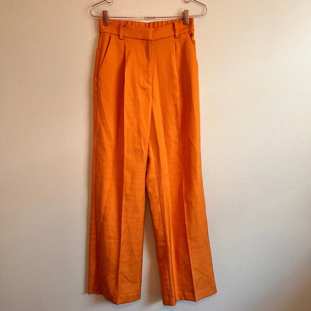 H&M Pants Women 4 Orange Wide Leg High Waisted Textured Linen Blend Trousers